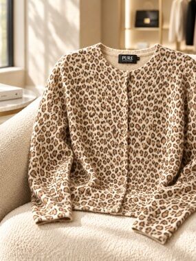 Pure Cashmere Collection Leopard-Print Cardigan Woman’s Size 14 NWT